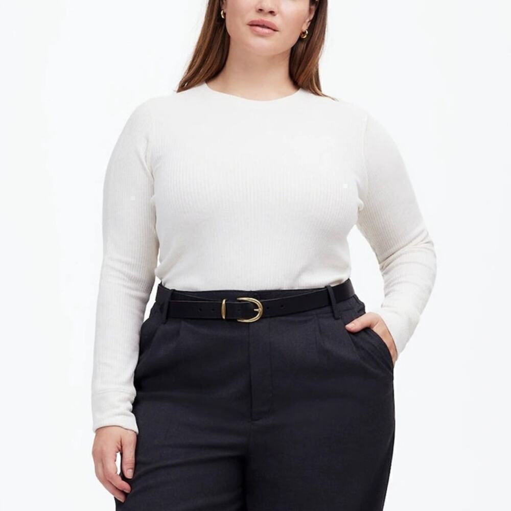 Madewell Top Ribbed Knit Crewneck Long Sleeve Tee Slim Fit Heather Cream NWT 1X